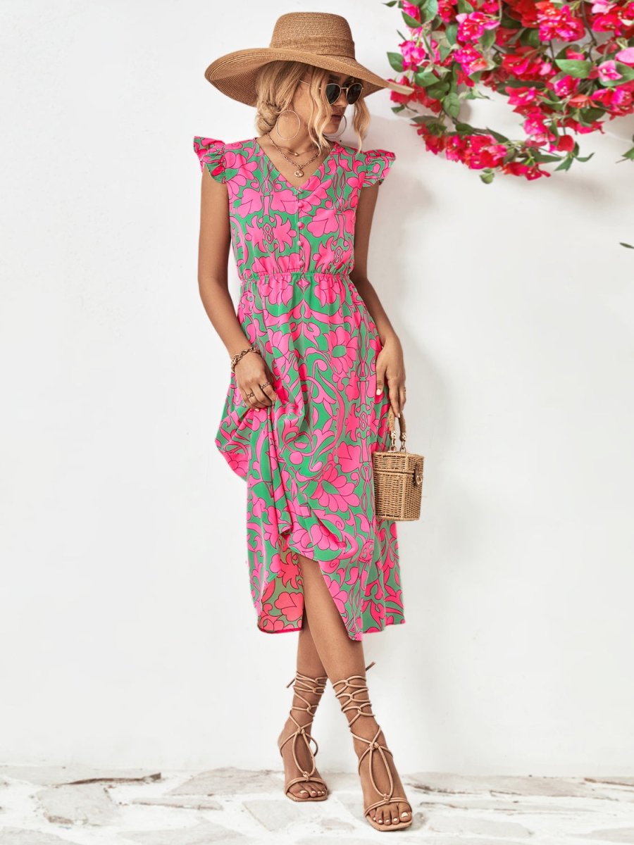 Printed V - Neck Cap Sleeve Dress | Midi Dresses | 6