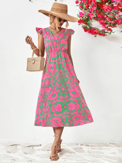 Printed V - Neck Cap Sleeve Dress | Midi Dresses | 1