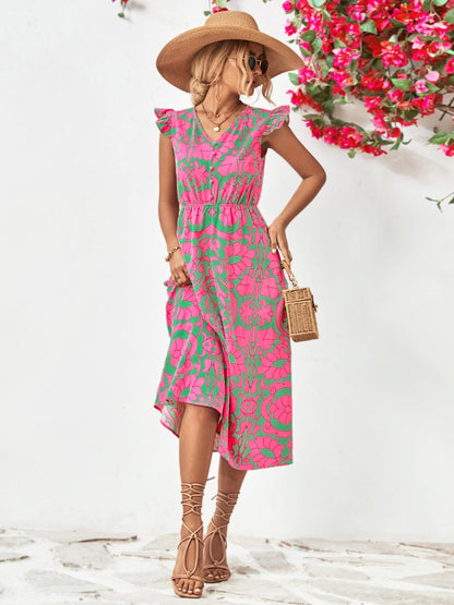 Printed V - Neck Cap Sleeve Dress | Midi Dresses | 2