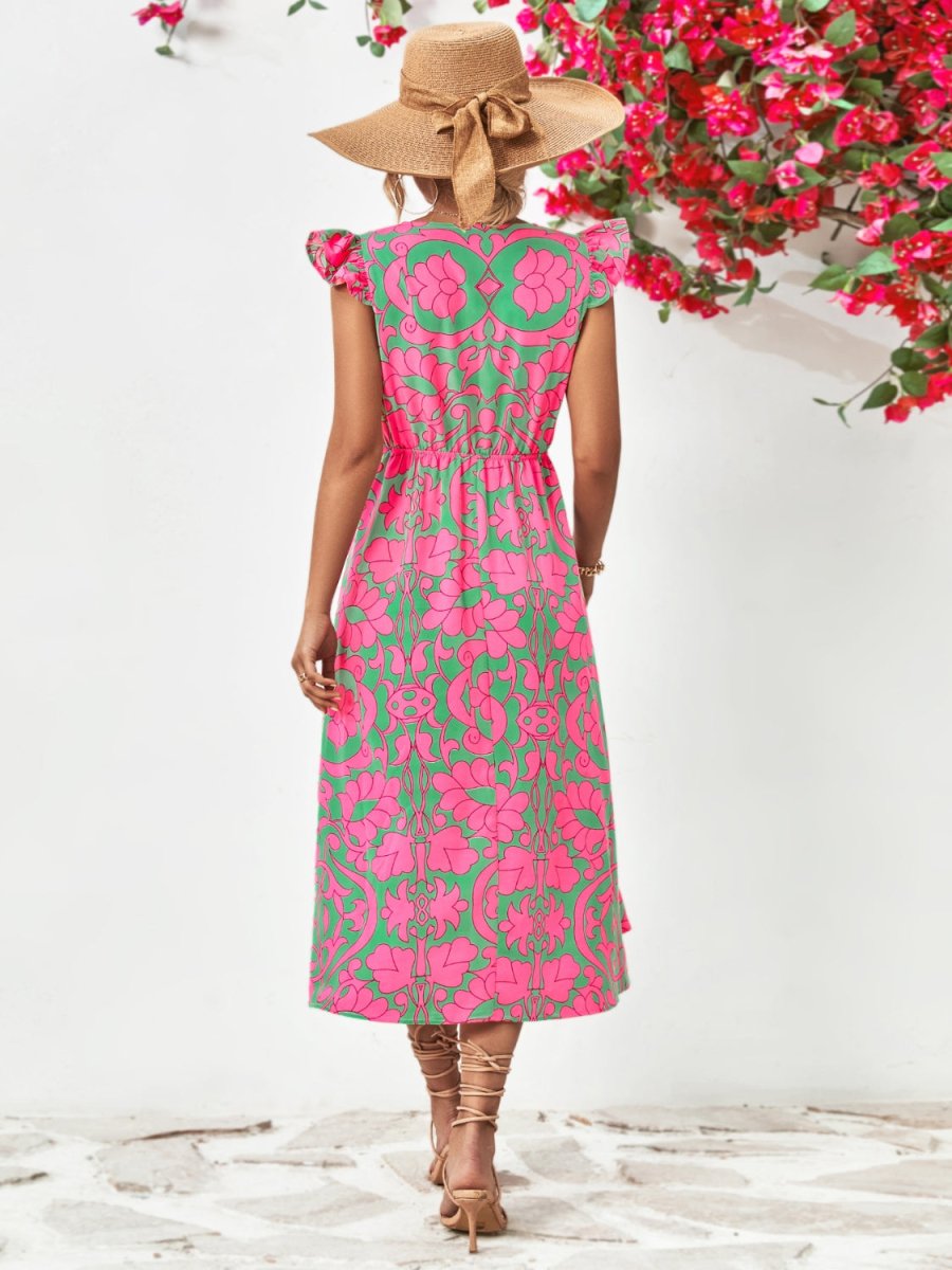 Printed V - Neck Cap Sleeve Dress | Midi Dresses | 3