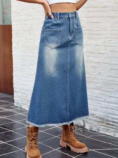 Raw Hem Buttoned Denim Skirt with Pockets | Denim Skirts | 3