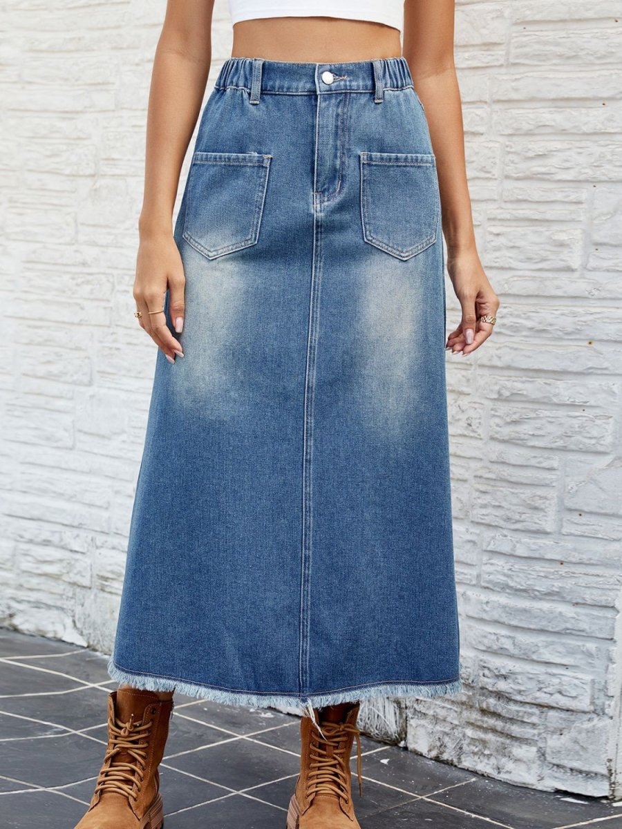 Raw Hem Buttoned Denim Skirt with Pockets | Denim Skirts | 1