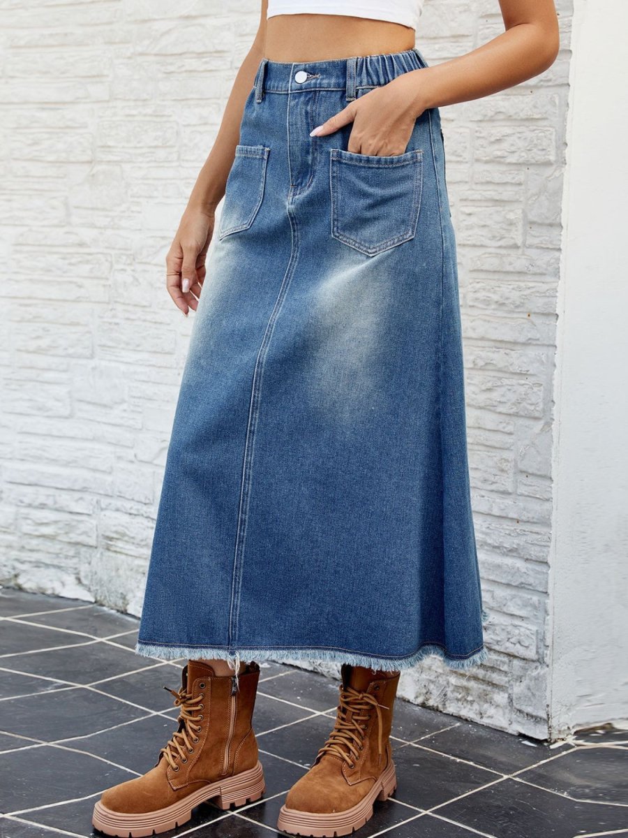 Raw Hem Buttoned Denim Skirt with Pockets | Denim Skirts | 5