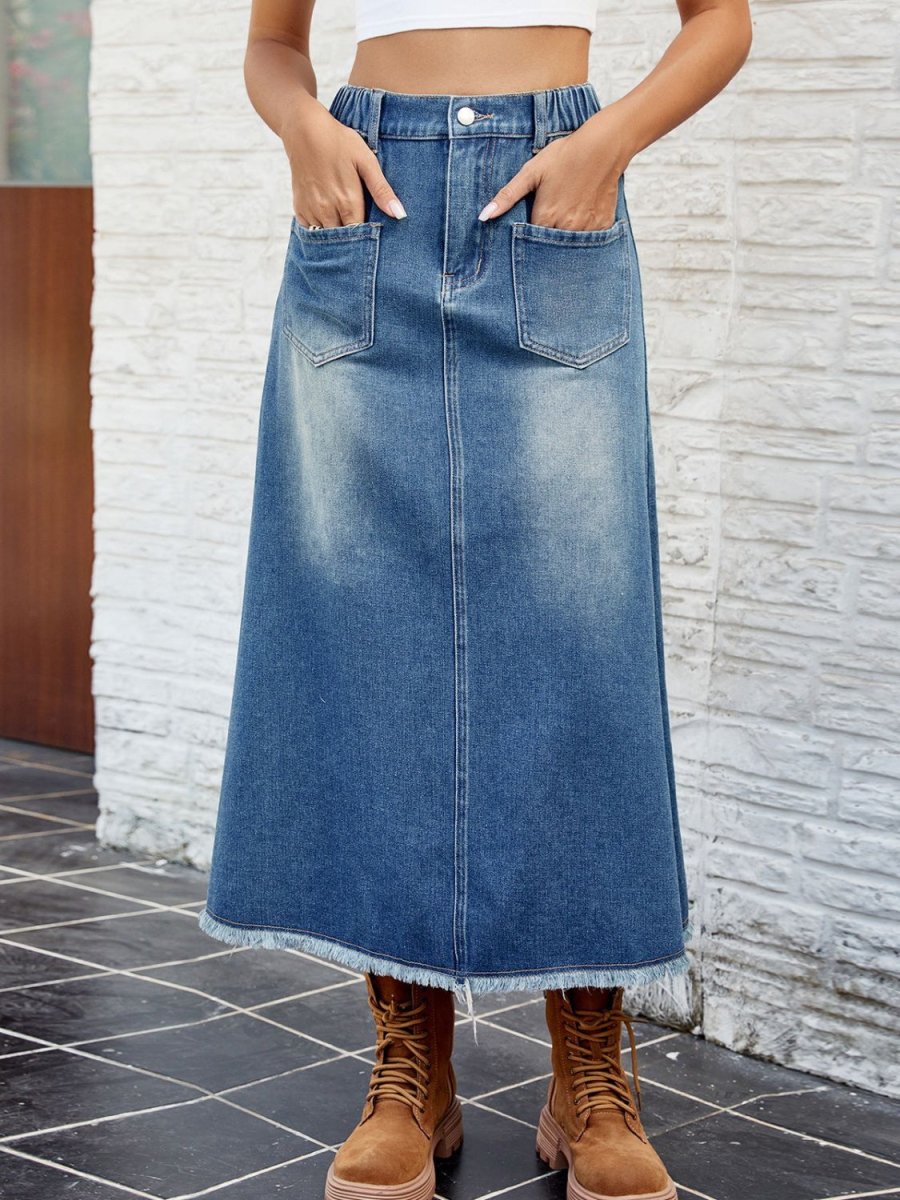 Raw Hem Buttoned Denim Skirt with Pockets | Denim Skirts | 4