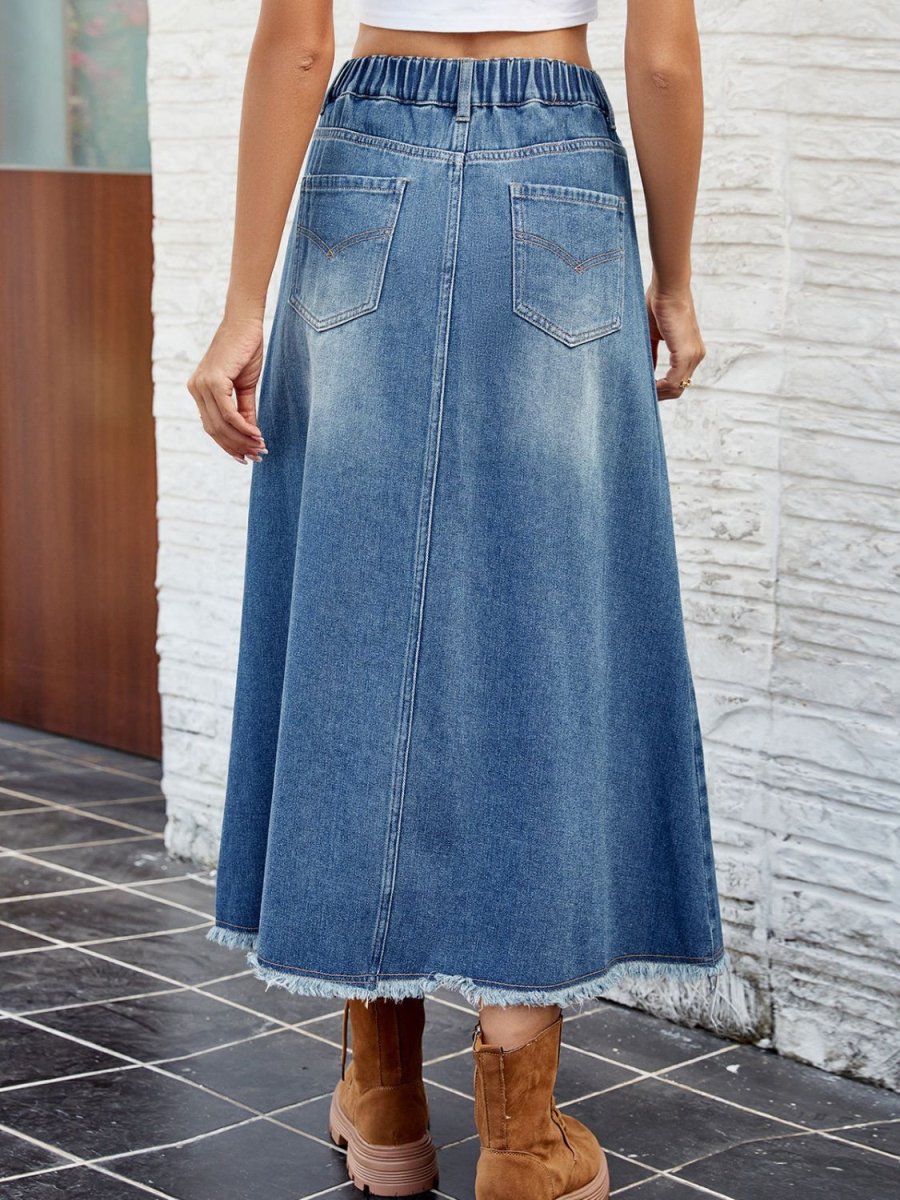 Raw Hem Buttoned Denim Skirt with Pockets | Denim Skirts | 2