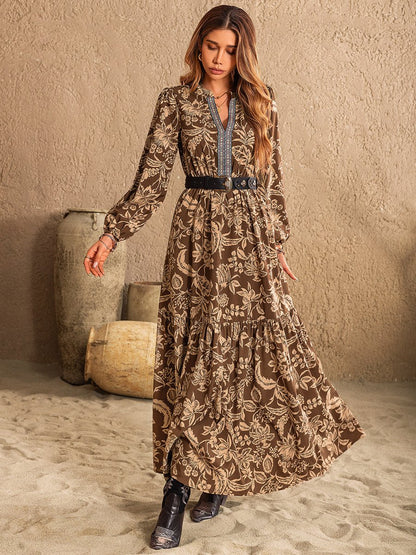 Ruched Printed Notched Long Sleeve Maxi Dress | Maxi Dresses | 5