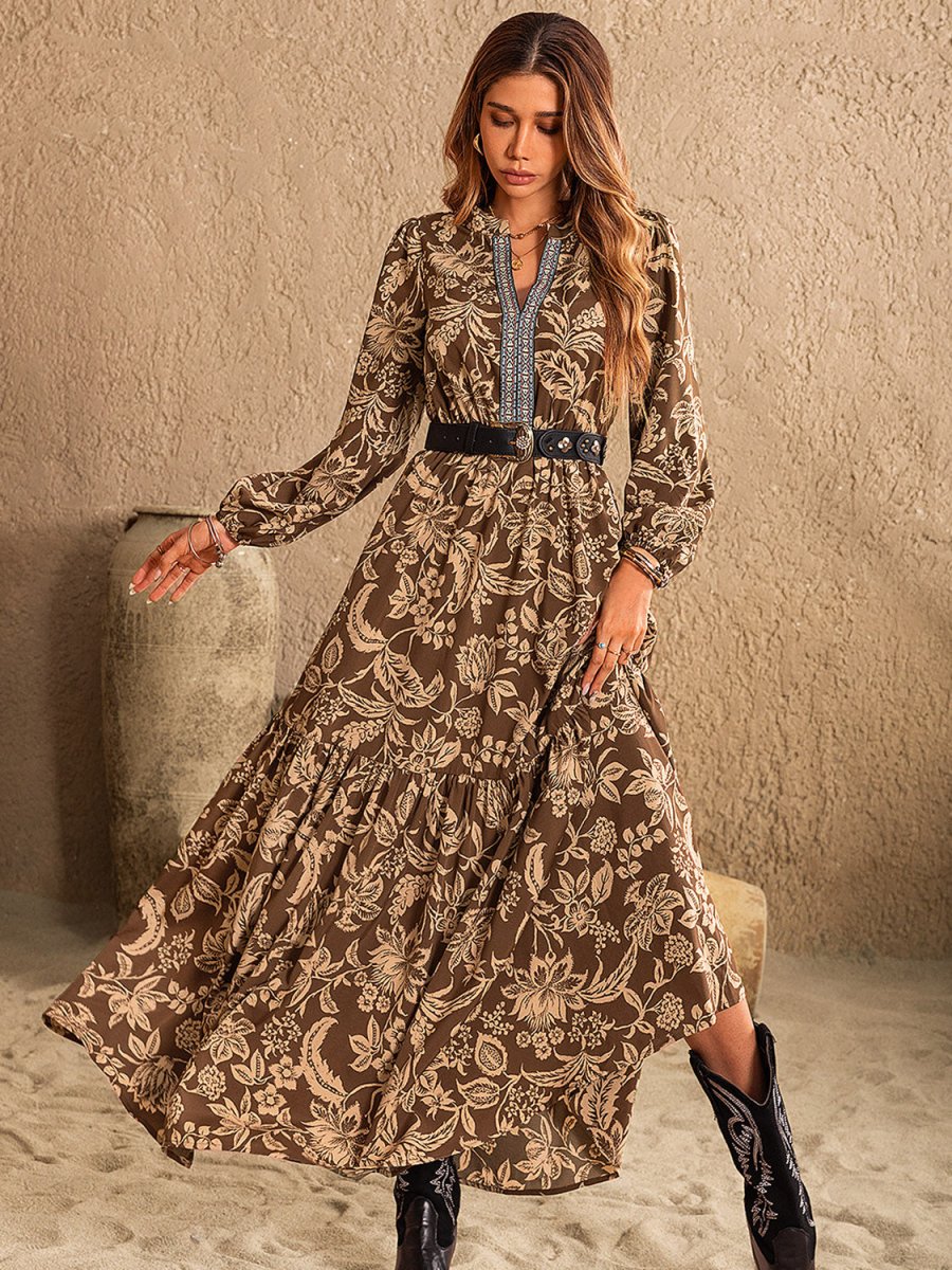 Ruched Printed Notched Long Sleeve Maxi Dress | Maxi Dresses | 1