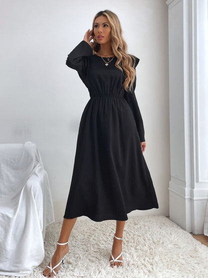 Ruched Ruffled Round Neck Long Sleeve Dress | Midi Dresses | 3