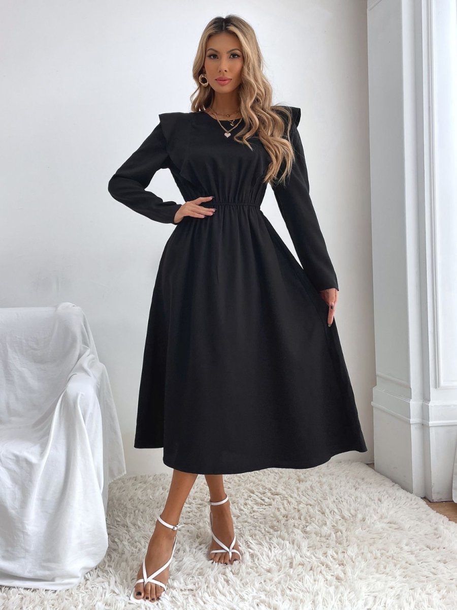 Ruched Ruffled Round Neck Long Sleeve Dress | Midi Dresses | 1