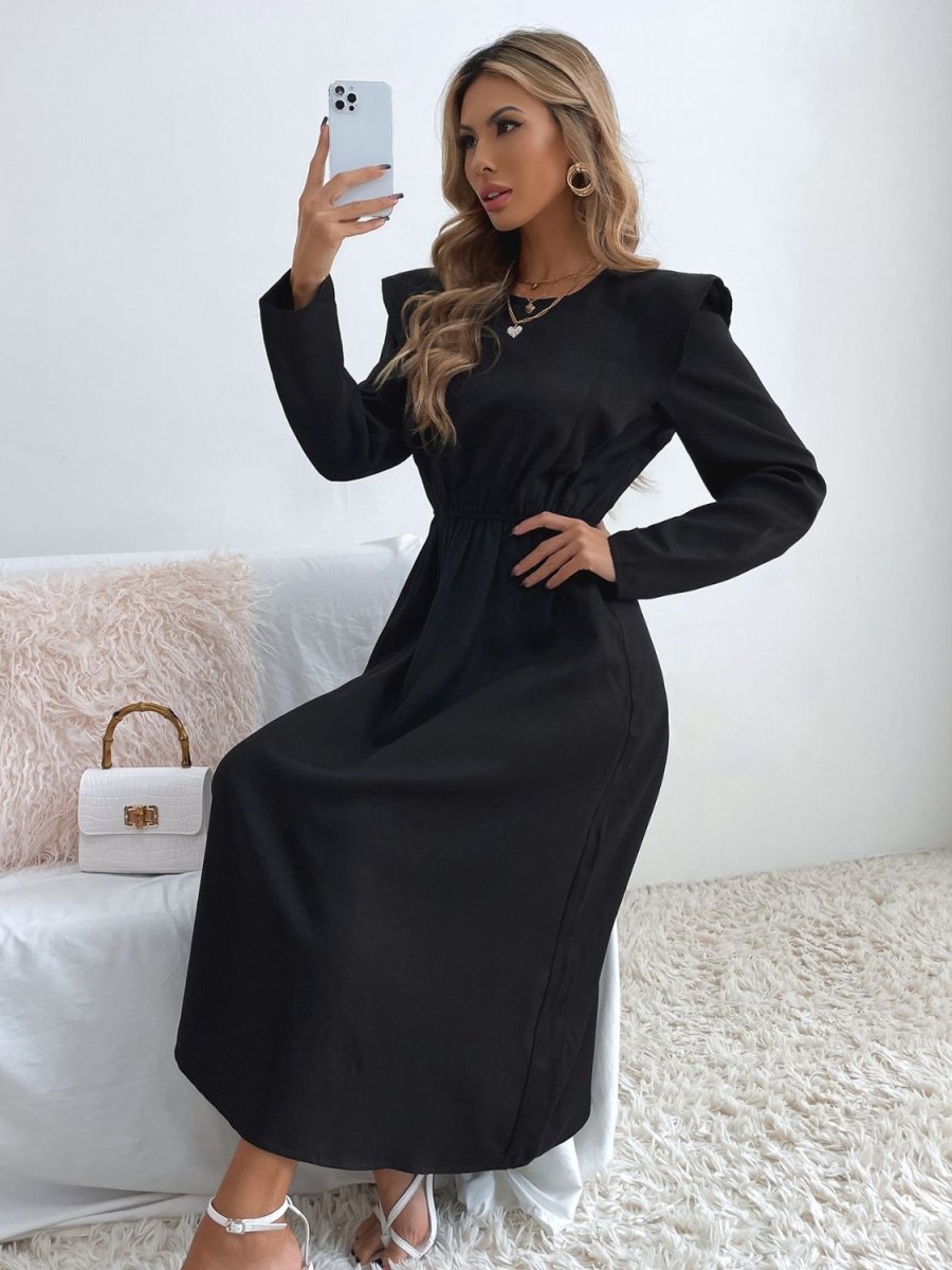 Ruched Ruffled Round Neck Long Sleeve Dress | Midi Dresses | 6