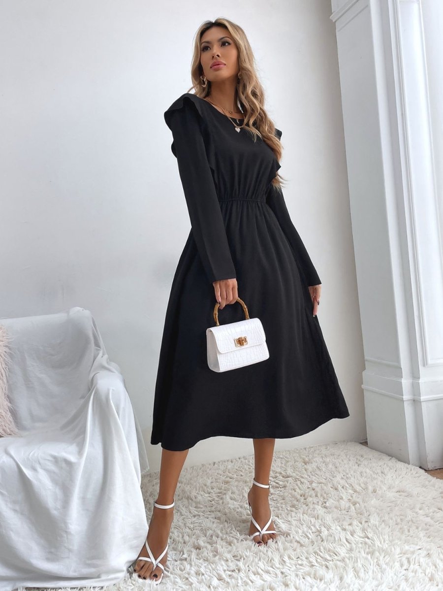 Ruched Ruffled Round Neck Long Sleeve Dress | Midi Dresses | 5