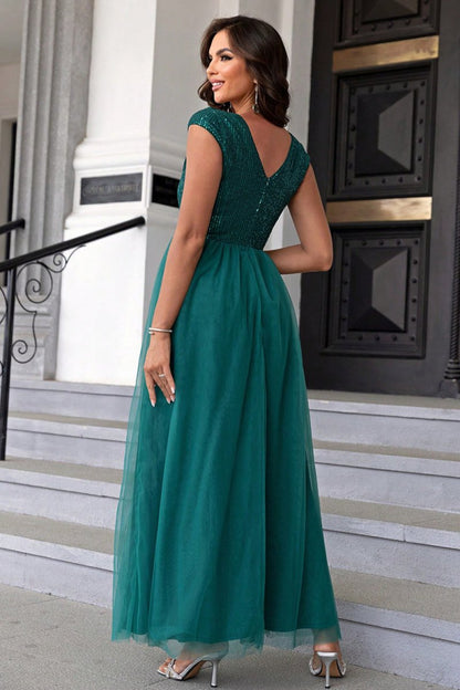 Sequin V - Neck Mesh Maxi Dress | | 16