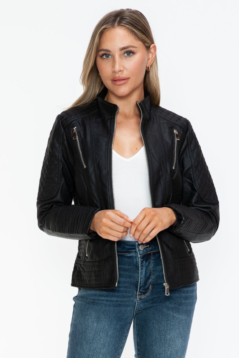 Snobbish Faux Leather Zip Up Mock Neck Jacket | Jackets | 4