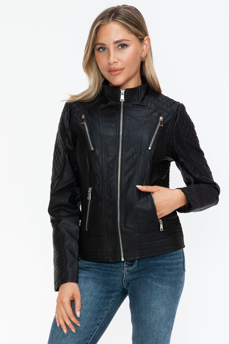 Snobbish Faux Leather Zip Up Mock Neck Jacket | Jackets | 7