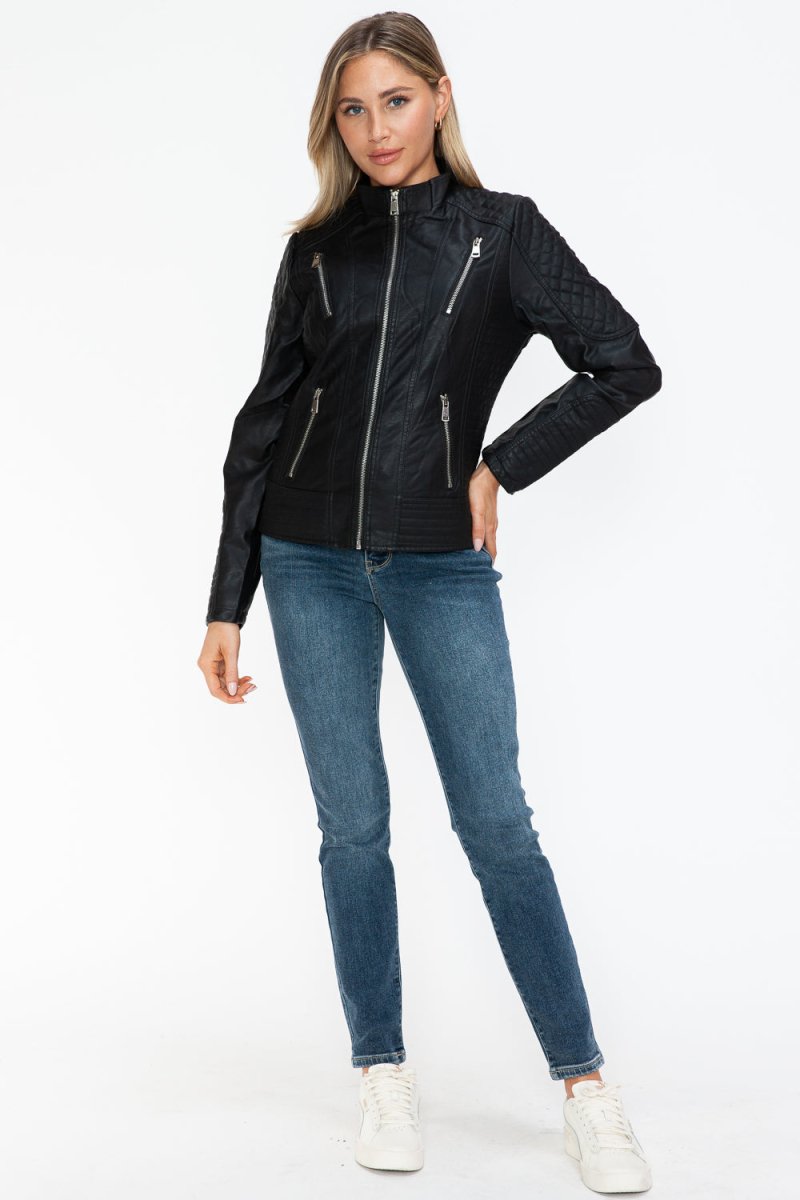 Snobbish Faux Leather Zip Up Mock Neck Jacket | Jackets | 13