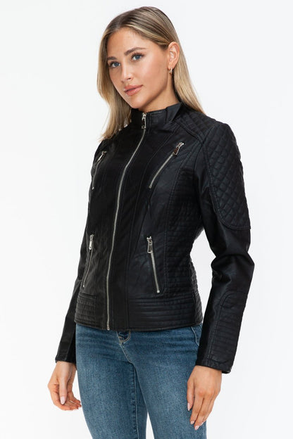 Snobbish Faux Leather Zip Up Mock Neck Jacket | Jackets | 6