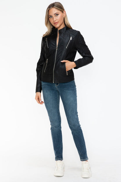 Snobbish Faux Leather Zip Up Mock Neck Jacket | Jackets | 14