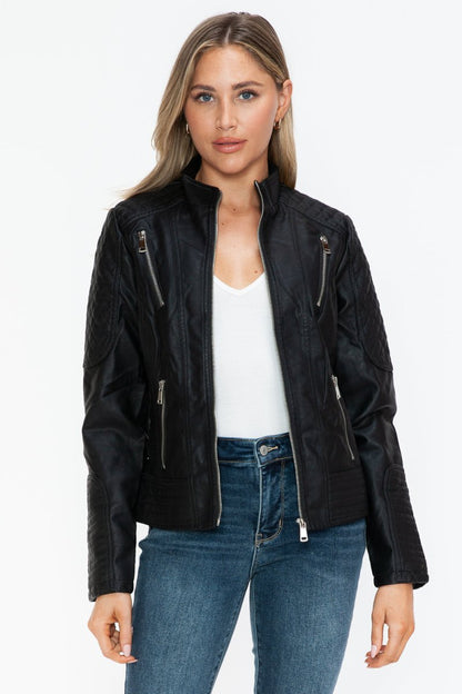 Snobbish Faux Leather Zip Up Mock Neck Jacket | Jackets | 1