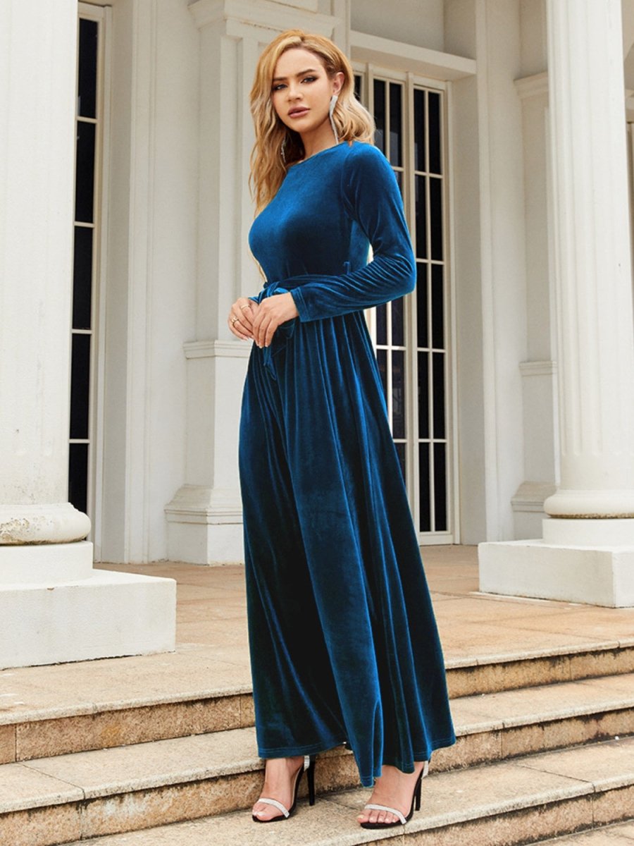 Tie Front Round Neck Long Sleeve Maxi Dress | Dresses | 15