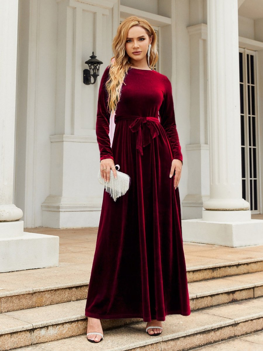 Tie Front Round Neck Long Sleeve Maxi Dress | Dresses | 1