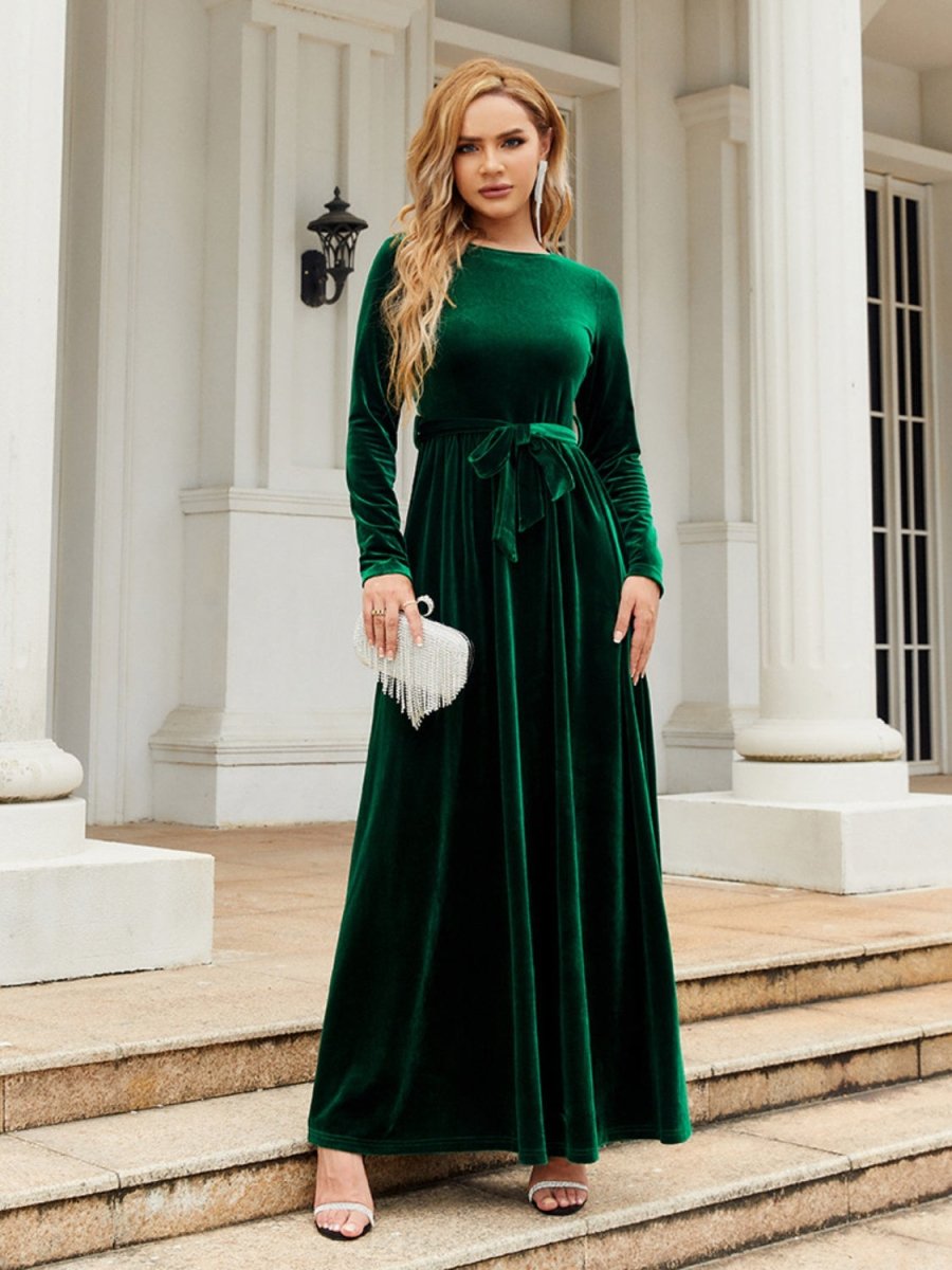 Tie Front Round Neck Long Sleeve Maxi Dress | Dresses | 10