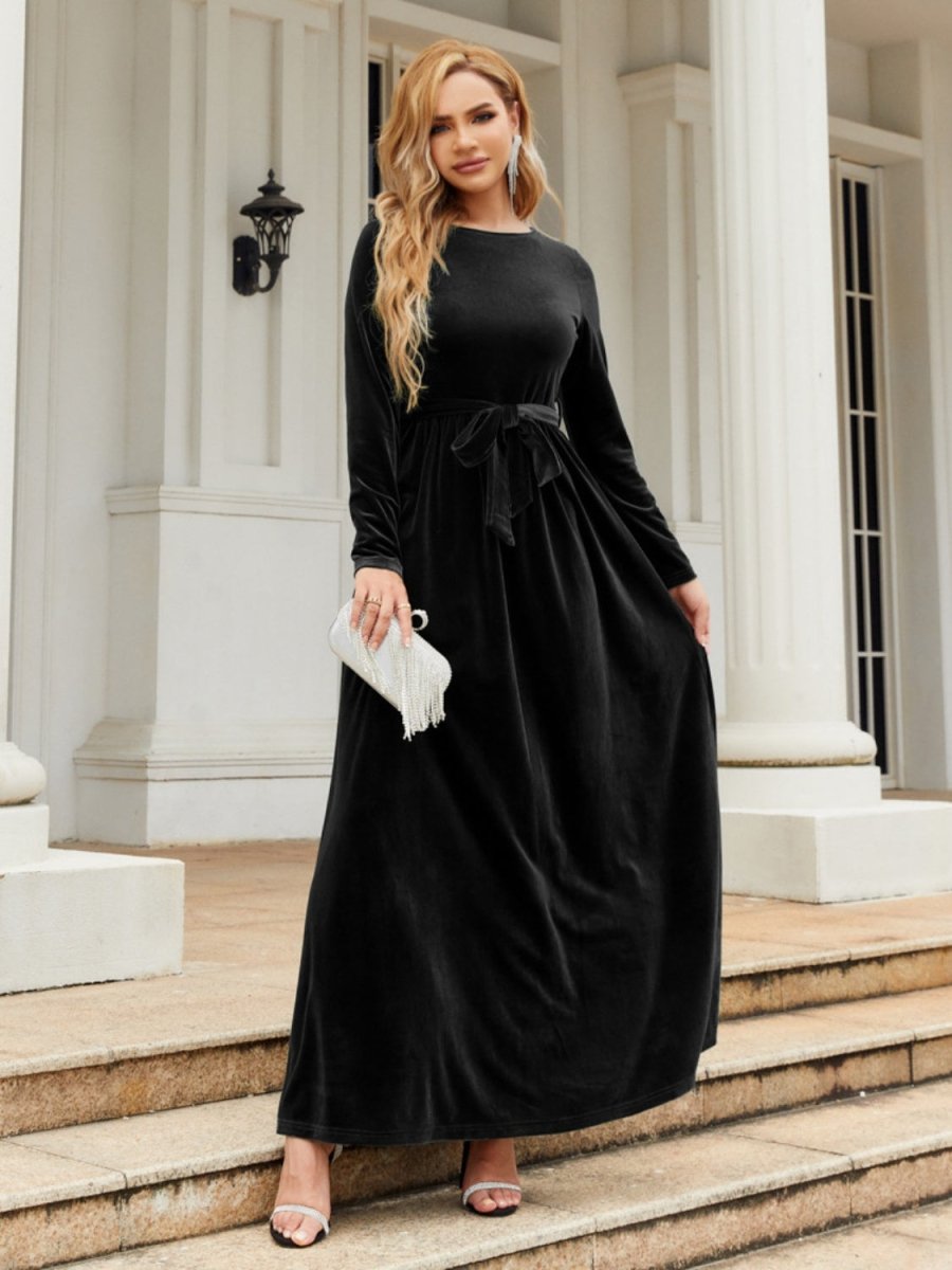 Tie Front Round Neck Long Sleeve Maxi Dress | Dresses | 18