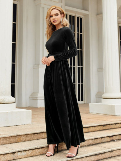 Tie Front Round Neck Long Sleeve Maxi Dress | Dresses | 19