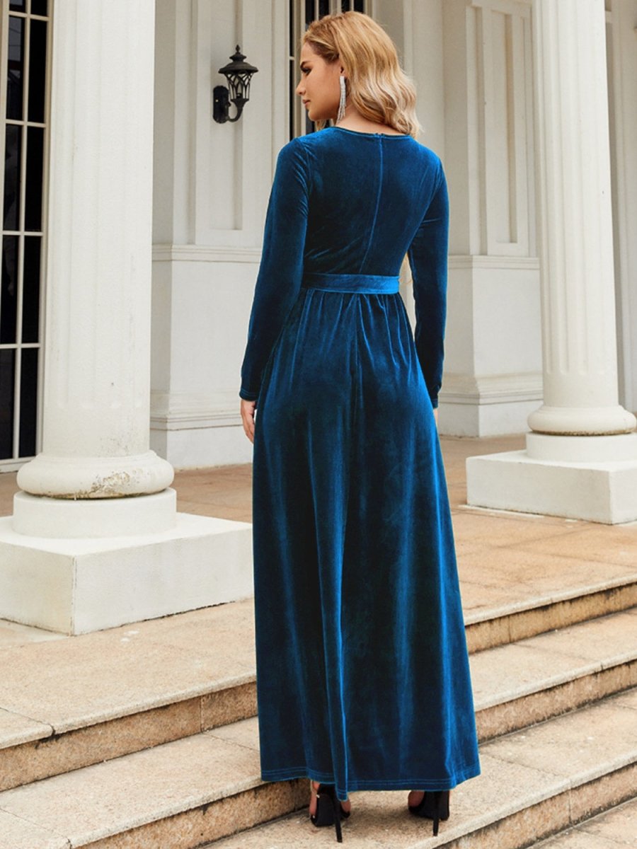 Tie Front Round Neck Long Sleeve Maxi Dress | Dresses | 17