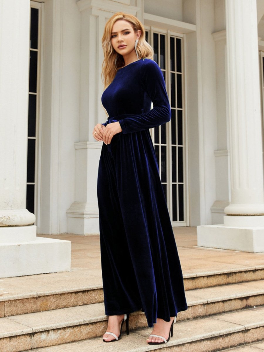 Tie Front Round Neck Long Sleeve Maxi Dress | Dresses | 13