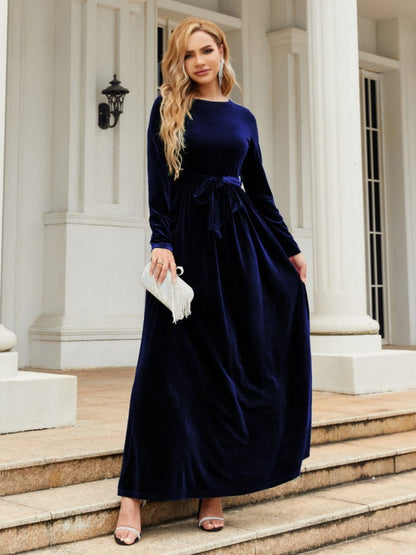 Tie Front Round Neck Long Sleeve Maxi Dress | Dresses | 12