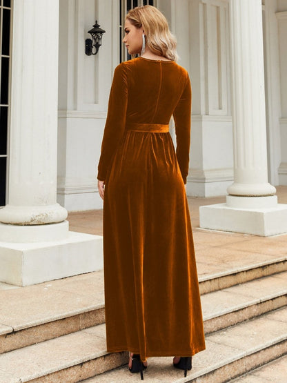 Tie Front Round Neck Long Sleeve Maxi Dress | Dresses | 7