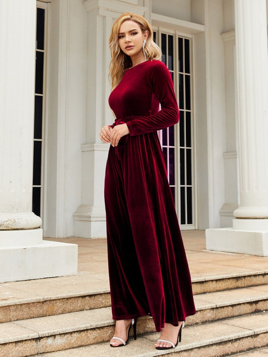 Tie Front Round Neck Long Sleeve Maxi Dress | Dresses | 4