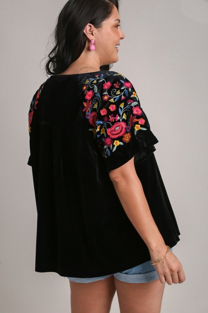 Umgee Full Size Velvet Embroidery Short Sleeve Blouse | Tops | 5