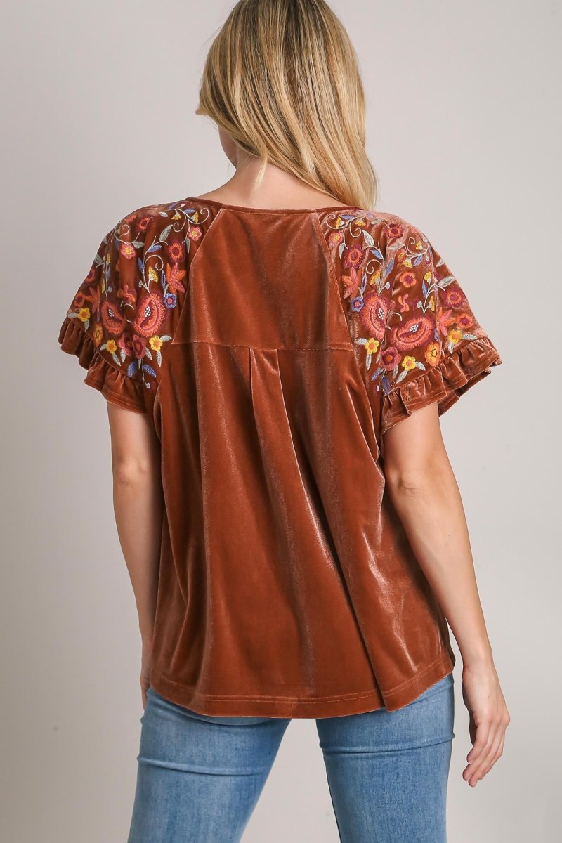 Umgee Velvet Embroidery Short Sleeve Blouse | Tops | 2