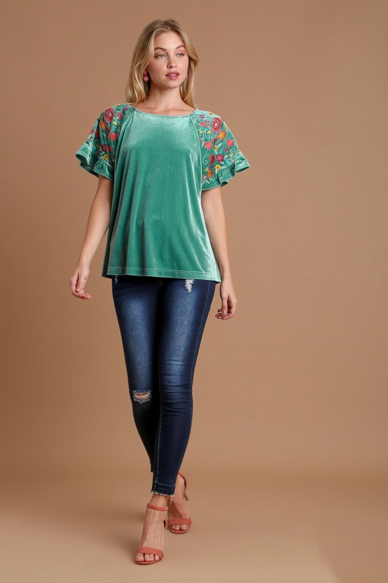 Umgee Velvet Embroidery Short Sleeve Blouse | Tops | 4