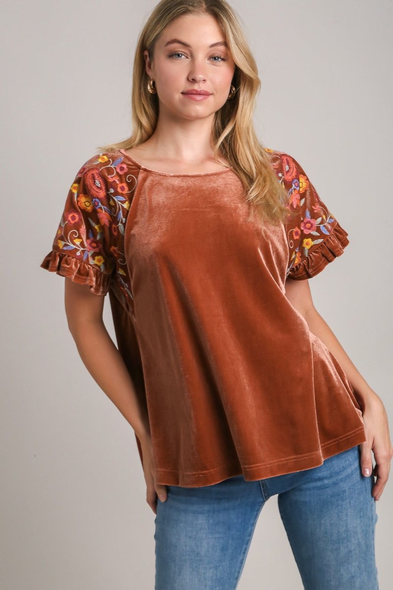 Umgee Velvet Embroidery Short Sleeve Blouse | Tops | 1