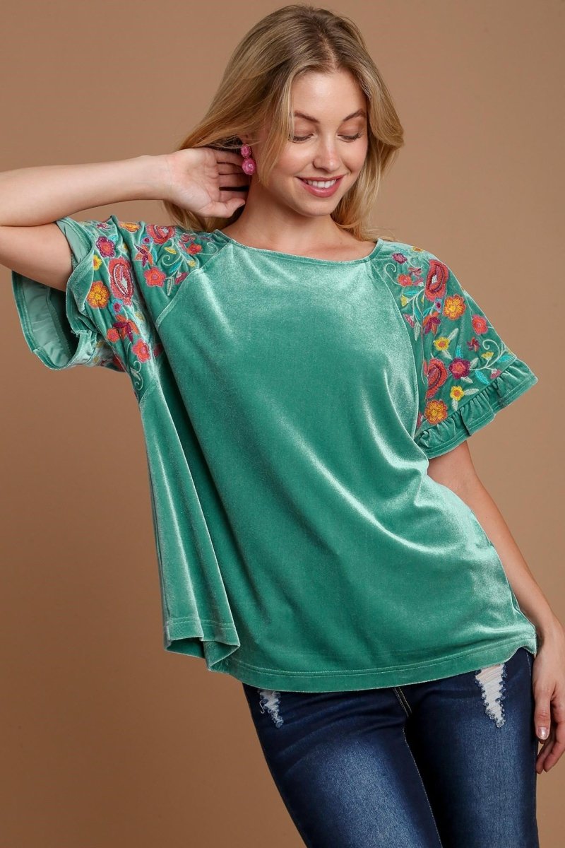 Umgee Velvet Embroidery Short Sleeve Blouse | Tops | 1