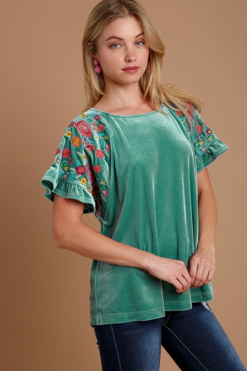 Umgee Velvet Embroidery Short Sleeve Blouse | Tops | 3