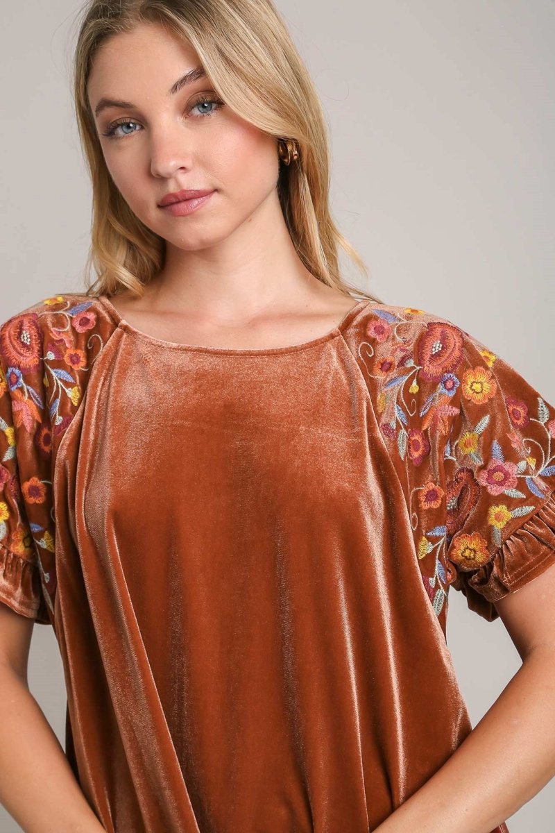 Umgee Velvet Embroidery Short Sleeve Blouse | Tops | 3