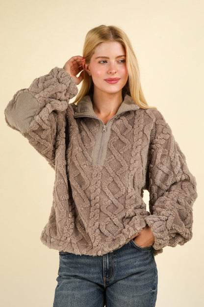 VERY J Fuzzy Fleece Half Zip Cable Pattern Sweatshirt | Sweaters | 3