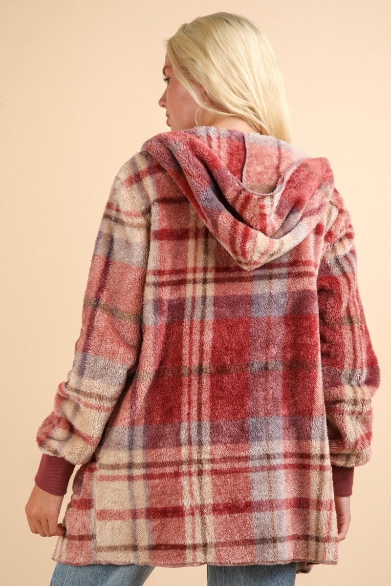 VERY J Fuzzy Plaid Long Sleeve Hooded Jacket | Jackets | 2