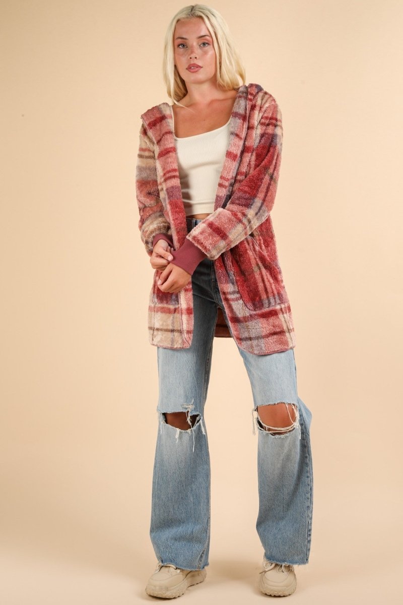 VERY J Fuzzy Plaid Long Sleeve Hooded Jacket | Jackets | 4