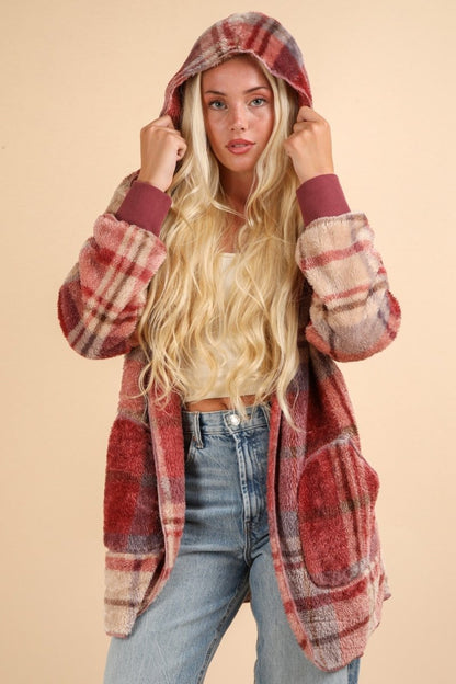 VERY J Fuzzy Plaid Long Sleeve Hooded Jacket | Jackets | 3