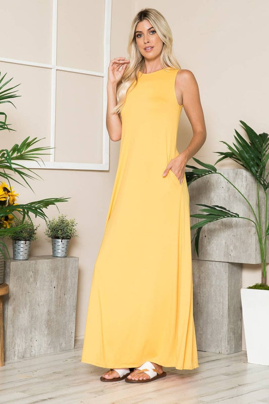 Yellow Sleeveless Maxi Dress With Pockets | Maxi Dresses | 1