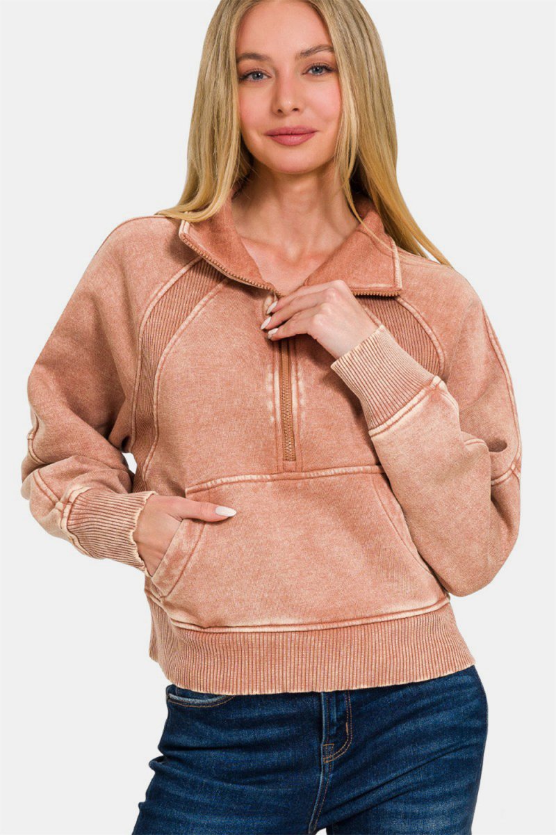 Zenana Acid Washed Half Zip Fleece Sweatshirt | Sweaters | 1