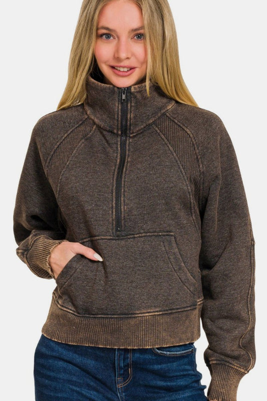 Zenana Acid Washed Half Zip Fleece Sweatshirt | Sweaters | 1