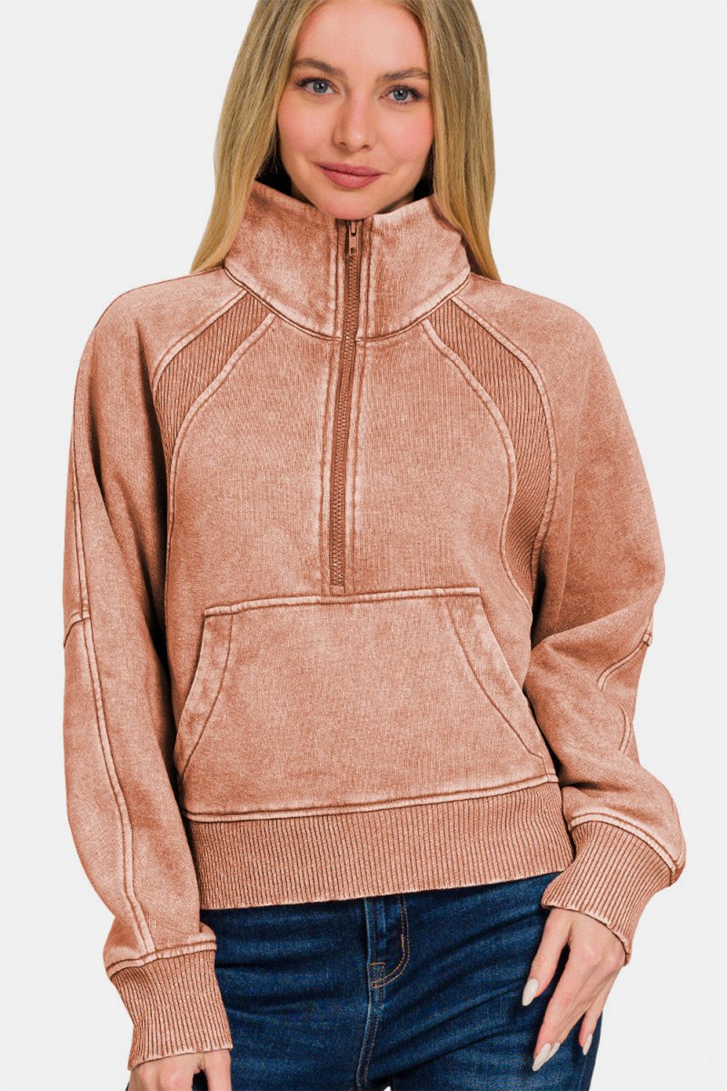 Zenana Acid Washed Half Zip Fleece Sweatshirt | Sweaters | 3