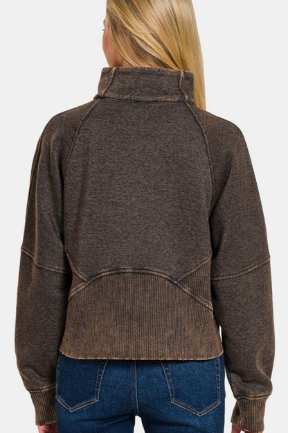 Zenana Acid Washed Half Zip Fleece Sweatshirt | Sweaters | 2