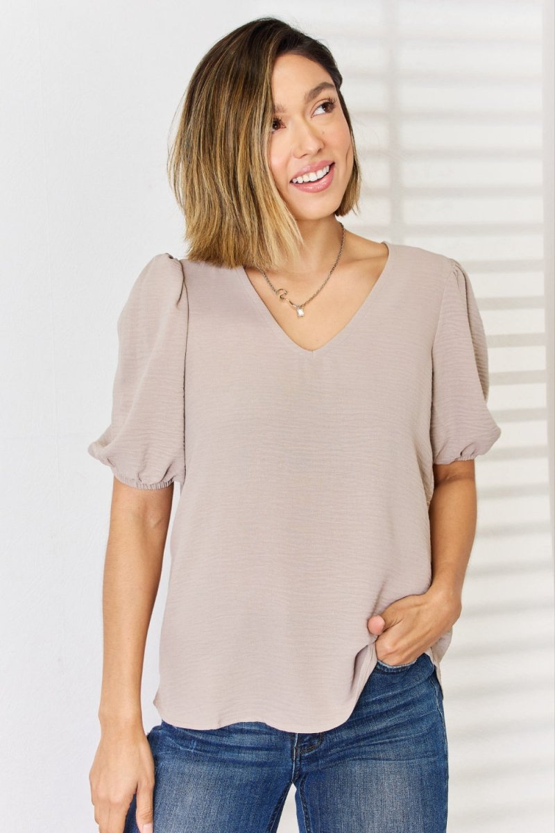 Zenana V - Neck Puff Sleeve Top | | 1