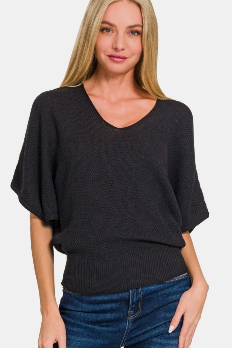 Zenana V - Neck Short Sleeve Dolman Sweater | Tops | 1